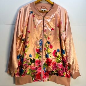 Vintage Marci Pink Floral Satin Bomber Jacket Sz 1X Pin Up Barbie Grease Zip Up
